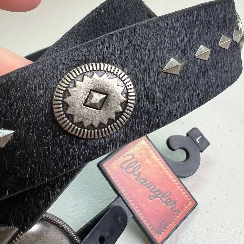 Wrangler NEW Black Leather Calf Hair with Silver Embellishments L Western Belt